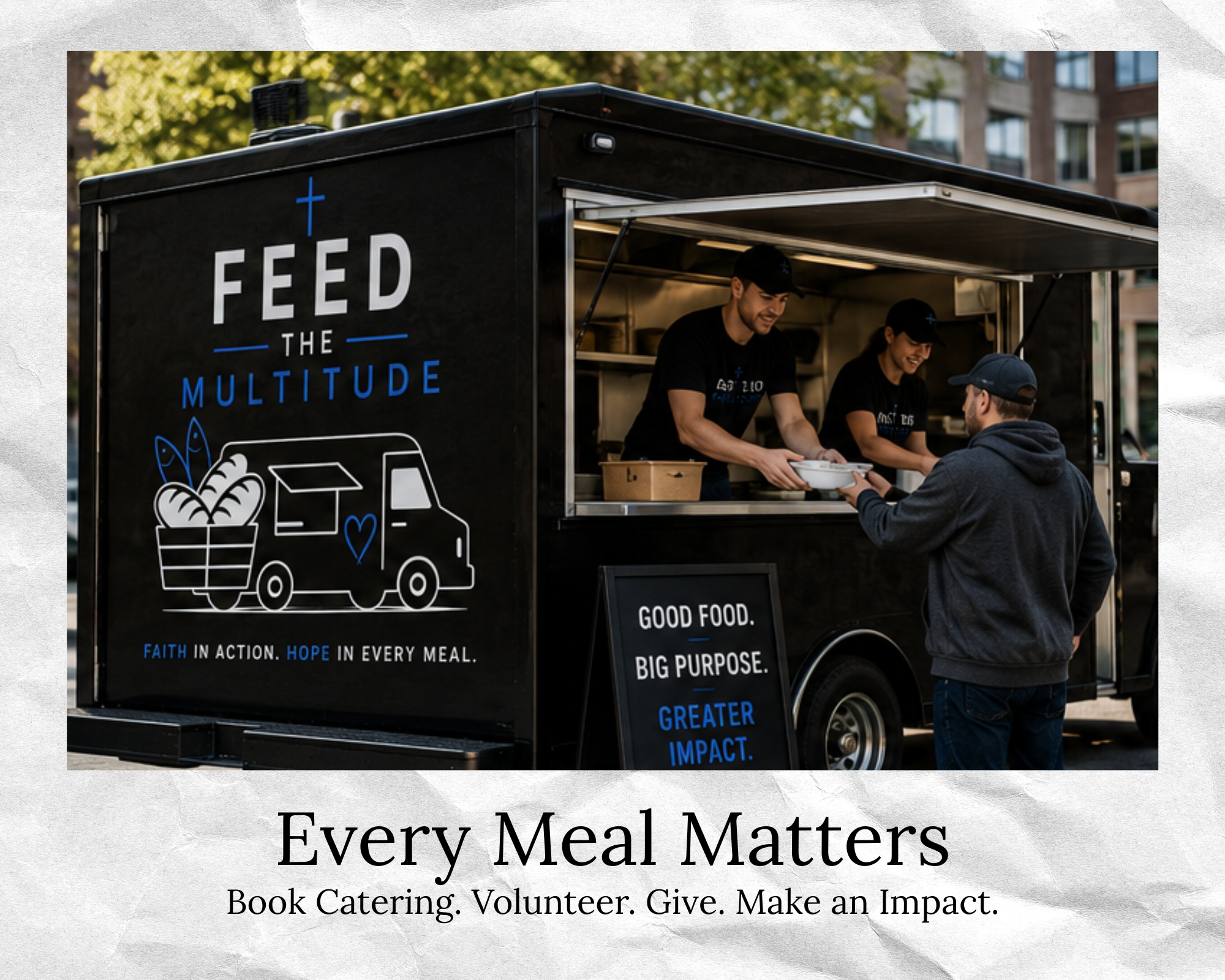 The Feed the Multitude food truck selling food to a customer.