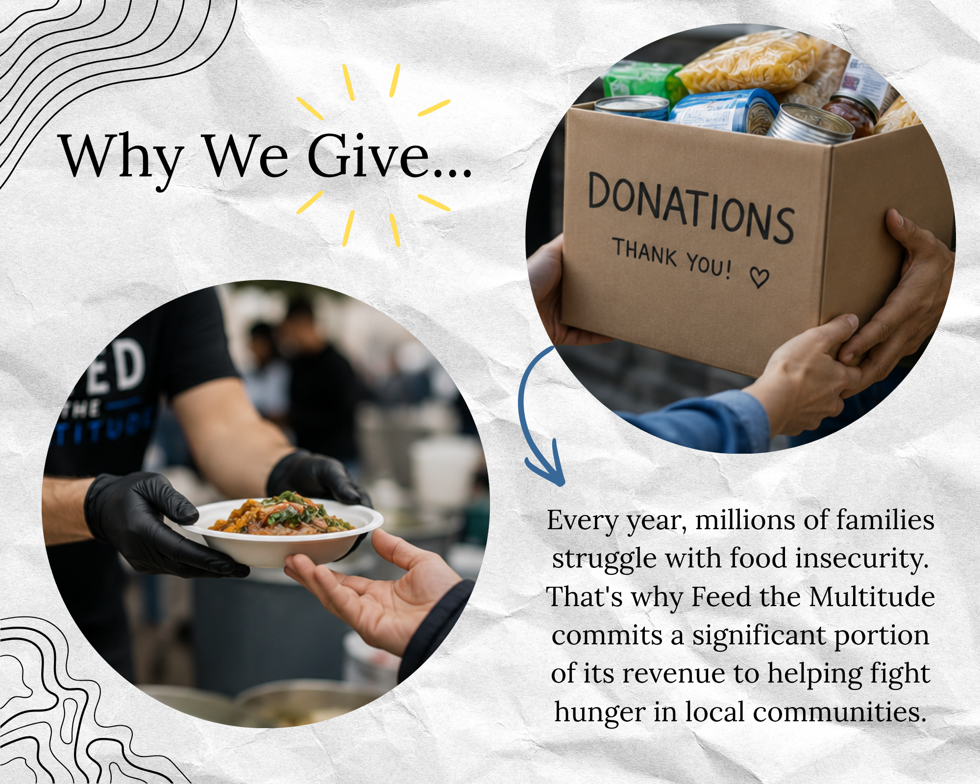 Images of hands handing another person a bowl of spaghetti, and another photo of hands passing a box of donated food products to another person. Words that say: Why we give is to help families overcome food insecurity.