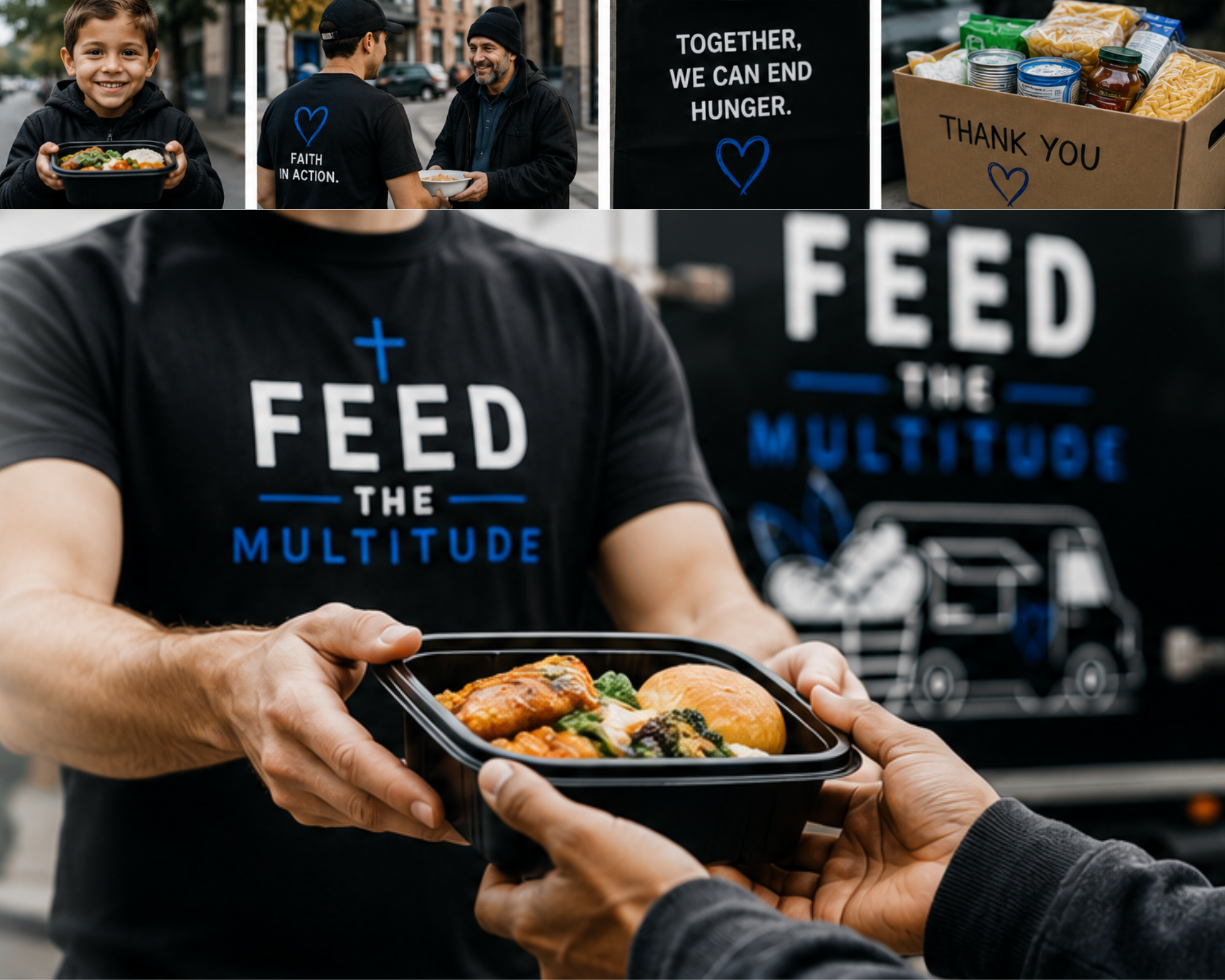 The Feed the Multitude buy a meal event, a man handing someone food, donations, and a kid smiling