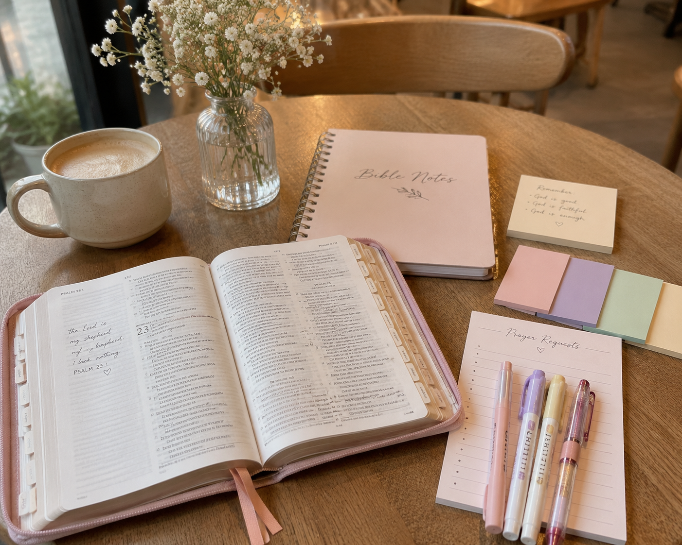 Bible and pastel stationery, pens, sticky notes, and a pastel pink bible.