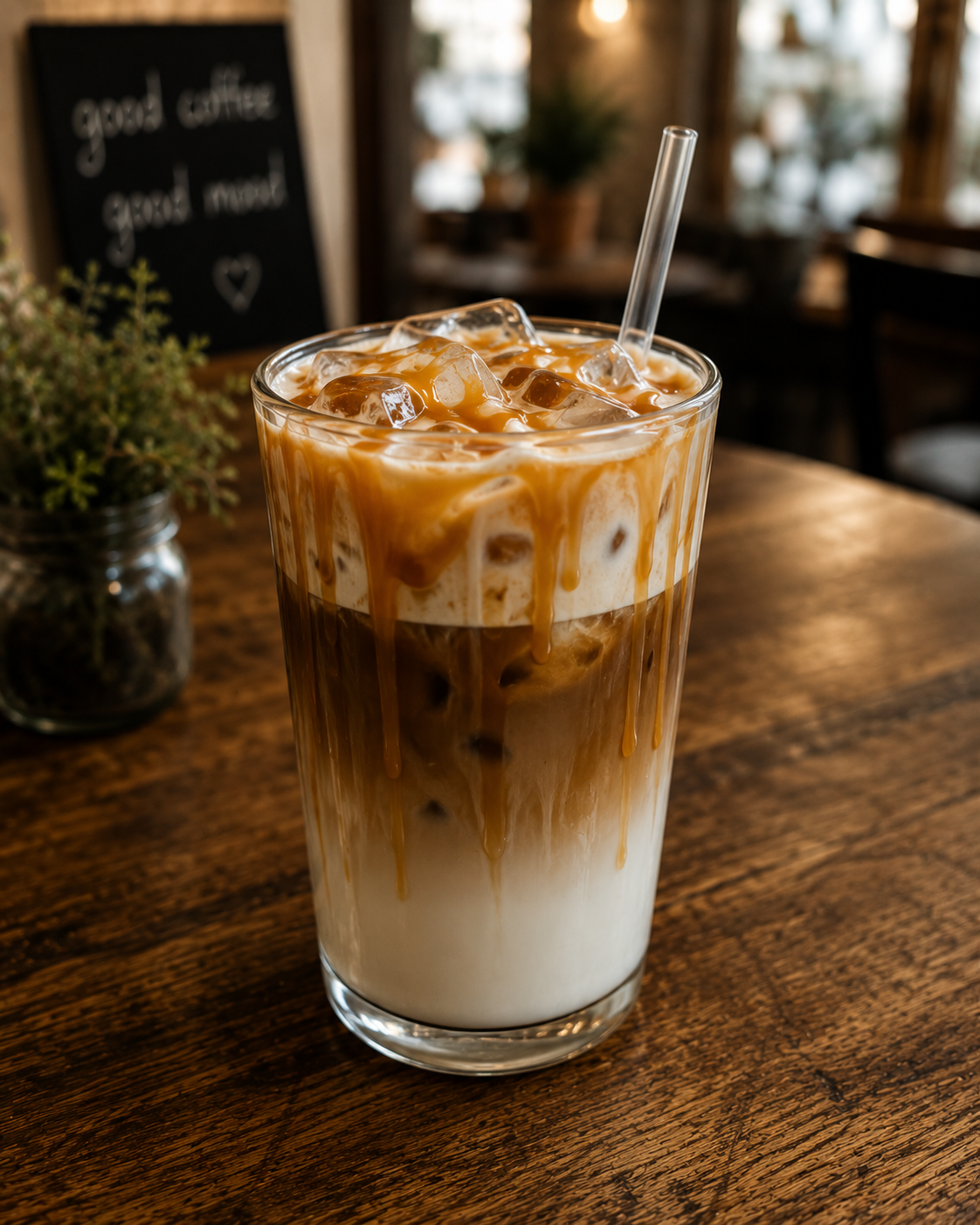 An iced caramel machiatto in a glass, sitting on a table at a cafe