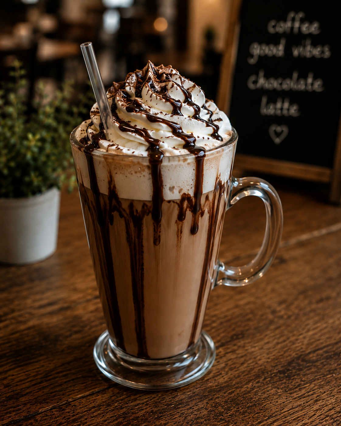 A decadent chocolate coffee latte served with whip cream and chocolate syrup.
