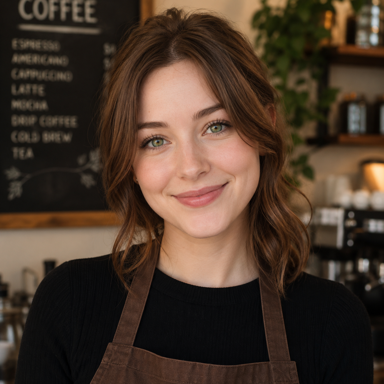A young woman barista with brown hair and green eyes. She is smiling