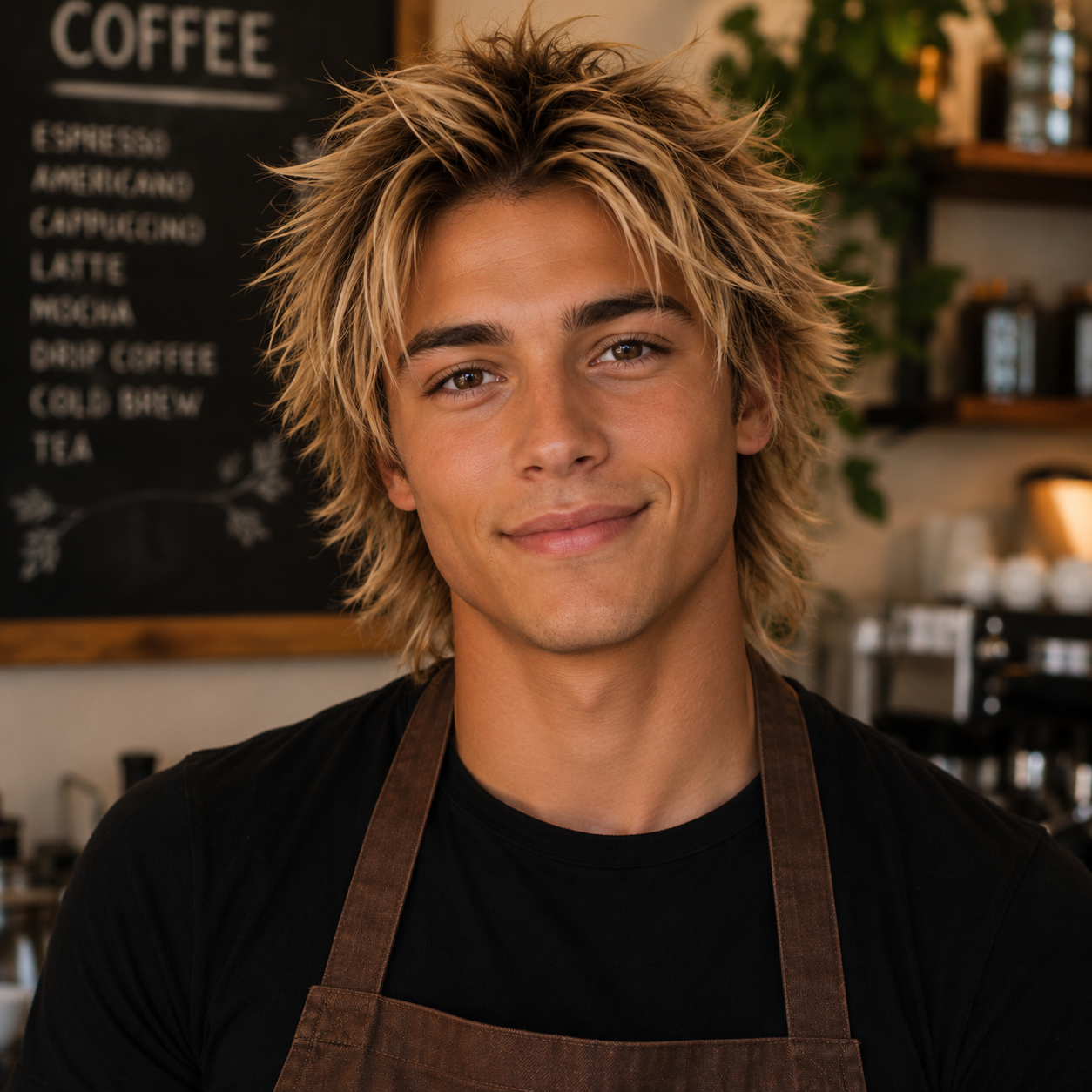 A young man barista with blonde hair and brown eyes. He is smiling