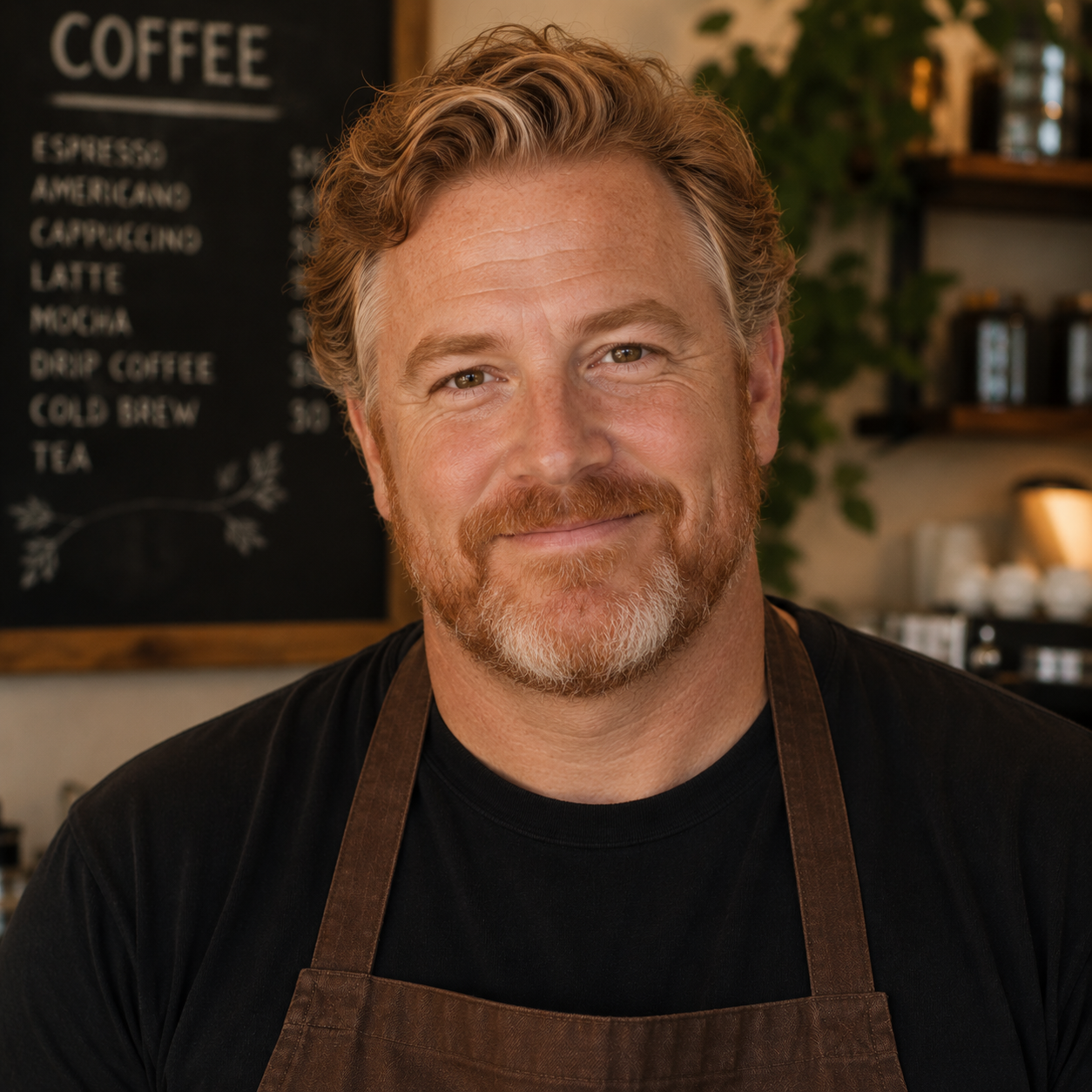 An older man barista with red, greying hair and brown eyes. He is smiling